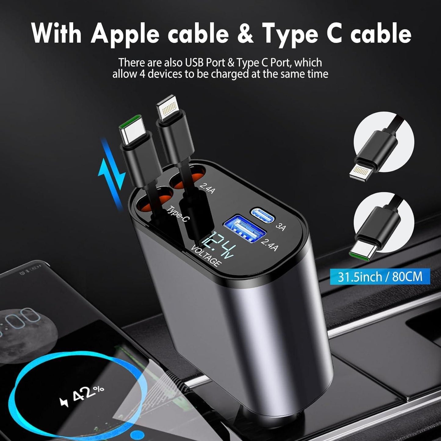 Multi Charge Pro Car Charger USB C and Lightning Car Charger Fast Charging