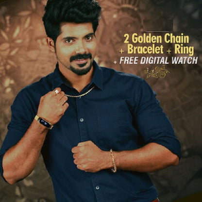 Golden Chain With Golden Bracelet And Diamond Ring + Free Digital Watch Combo